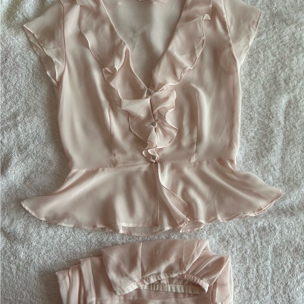 Vintage Victoria’s Secret Elegant Sheer Pink Ruffle Pajama Set Size S  NWOT
